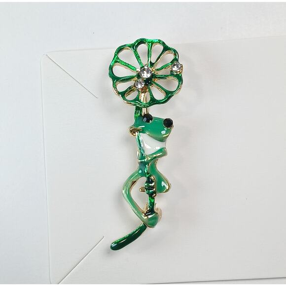 Frog Brooch Pin Bright Green Enamel on Gold Tone Kermit & Lily Pad wRhinestones - Picture 1 of 10